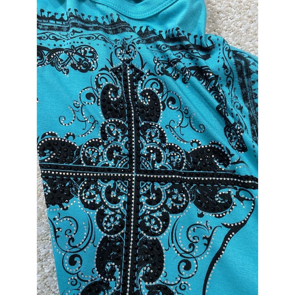 Y2K Vocal Turquoise Sleeveless Rhinestone Cross Tunic Top Rayon Spandex Size S - Picture 14 of 15